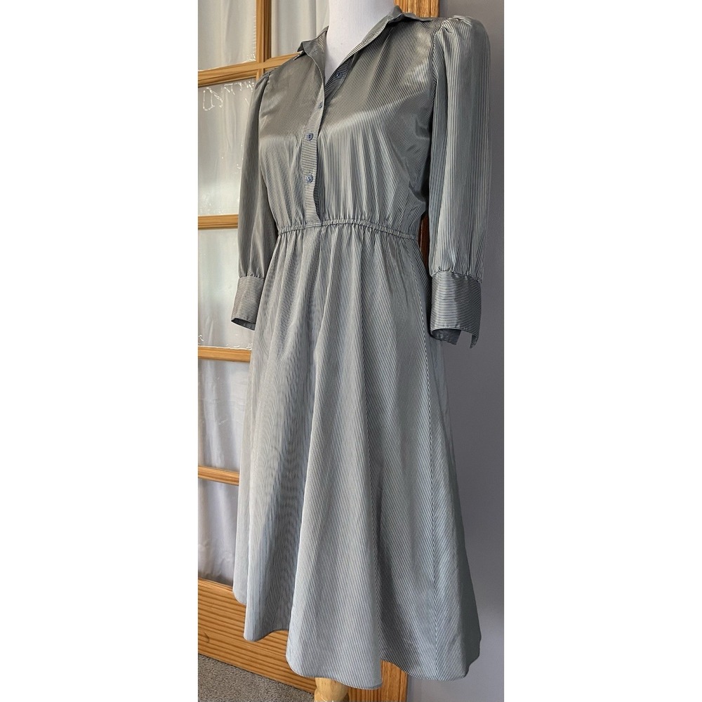 80s Susan Howard Striped Midi Dress S-M Taupe Satin 3/4 Sleeve Classic Career - Picture 3 of 15